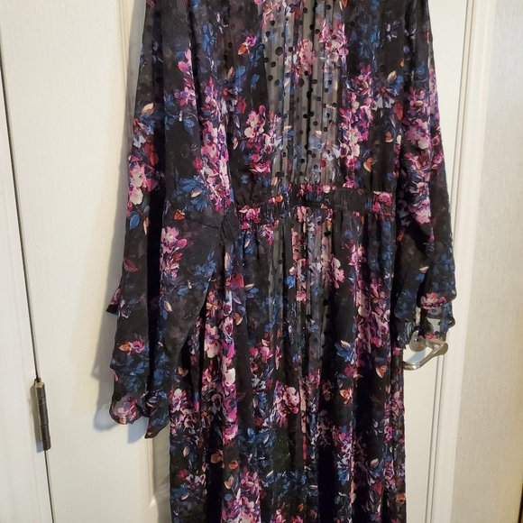 Worn Once--Black Floral Dotted Trench Duster Open-Tunic/Cardigan - Picture 13 of 15
